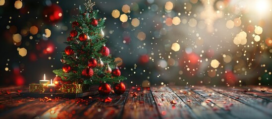 Poster - Festive Christmas theme with a beautifully decorated tree on a wooden table, providing a perfect background for the copy space image.