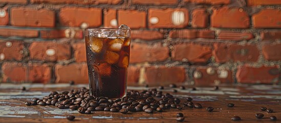 Poster - An iced coffee hand with an Americano by a red brick wall, coffee beans on a wooden bar table, embodies a summer cold brew refreshment concept with a photo-ready space. image with copy space