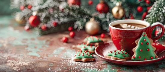 Poster - Delightful Christmas-themed treats: a festive cup of coffee and amusing homemade cookies shaped like Christmas trees, perfect for children's holiday candy. Both items are displayed against a