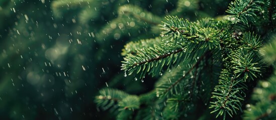 Poster - Copy space image of rain-kissed spruce branches, isolated against a dark forest backdrop.