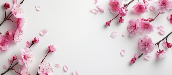 Poster - Delicate pink flowers on a white background in a top view copy space image.
