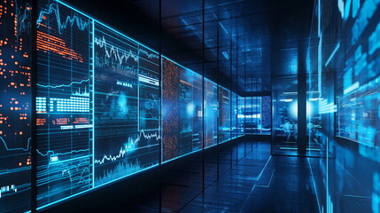 Wall Mural - Digital display showing stock market trends, with graphs and charts depicting fluctuations, representing dynamic nature of investments and importance of staying informed