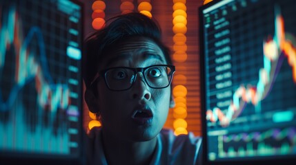 Wall Mural - A man wearing glasses stares in astonishment at computer screens displaying stock market charts in a dimly lit room