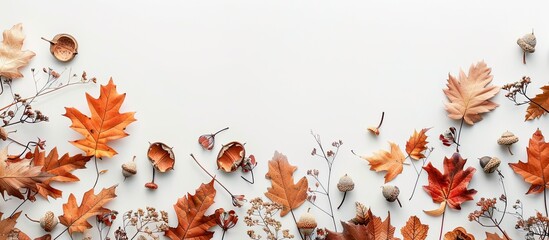 Poster - Autumn-themed arrangement with dried leaves, acorns on white background. Top view, copy space image, illustrating fall season.