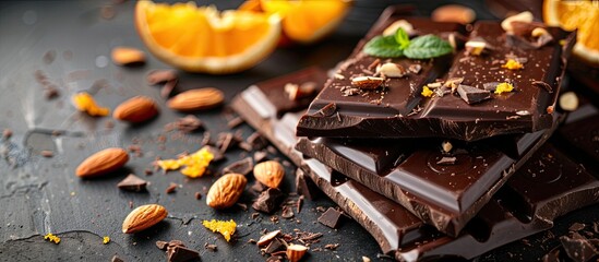 Poster - Dark chocolate bars with chopped almonds and dried orange wedges, perfect for an elegant, delicious treat with a rustic touch and a beautiful presentation on a copy space image.