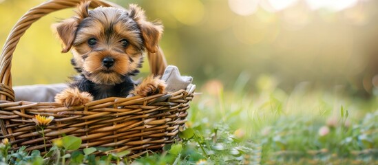 Poster - Cute Yorkshire Terrier puppy sitting in a wicker basket on green grass, looking at the camera with a fluffy appearance; ideal for a copy space image.