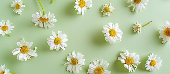 Poster - Chamomile pattern on soft green backdrop with copy space image, conveying a spring or summer theme in a flat lay style.
