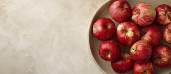 Poster - An aerial perspective of apples arranged on a dish against a light cream backdrop, showcasing ample copy space image.