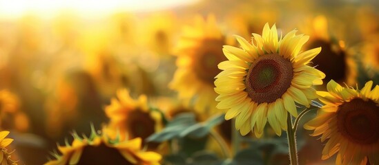 Poster - Blooming sunflowers in a field with copy space image.