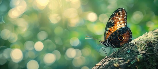 Poster - Butterfly perched gracefully on tree branch with copy space image.