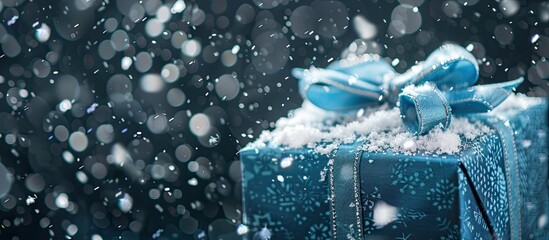 Poster - Blue-wrapped Christmas gift box with copy space image, featuring a toned effect and falling snow.
