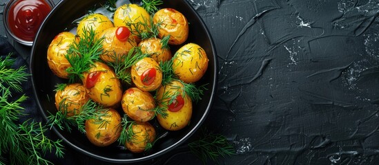 Poster - Boiled potatoes adorned with dill and ketchup presented in a top view, flat lay composition with a black background and copy space image.