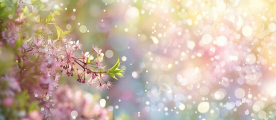Poster - Blurred bokeh background with spring garden plants, offering copy space image.