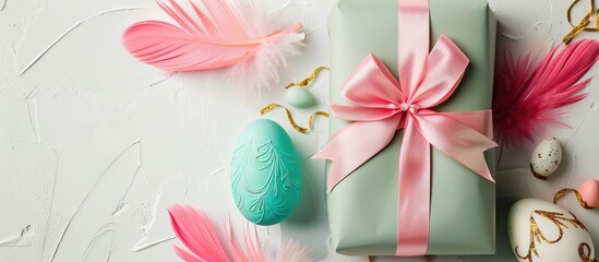 Poster - Easter-themed egg gift wrapped in green paper with a pink ribbon, accented by colorful feathers, white and gold chocolates, with a minimalist design for a flat lay copy space image from above.