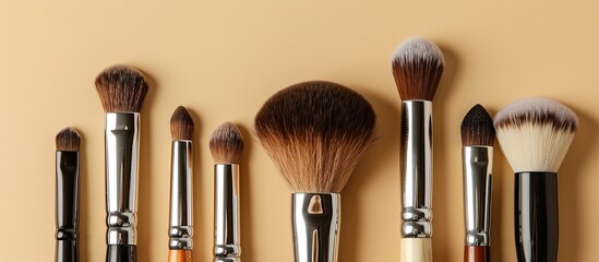 Poster - Close-up of a collection of high-quality makeup brushes displayed on a beige backdrop, providing room for a caption in the copy space image.