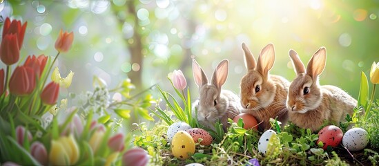 Aufkleber - Easter-themed arrangement featuring bunnies, eggs, tulips, with a spot for text in the copy space image.