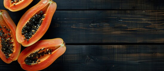 Poster - Dark wooden backdrop with papaya slices from above, presenting an expansive copy space image as a focal point.