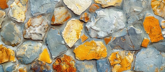 Fototapete - Close-up image of a light stone wall showcasing a mix of yellow, gray, and orange stones with cement or concrete. Creates an abstract urban backdrop with copy space for text, ideal for a building