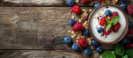 Poster - Close-up shot of yogurt, berries, mint, and granola on a wooden table, featuring a blank area ideal for adding text, known as a copy space image.