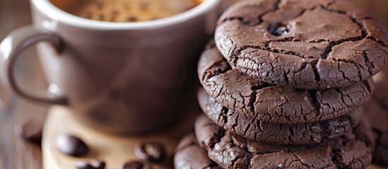 Poster - Close up of chocolate cookies and coffee cup, creating a symbolic copy space image representing a delicious snack or sweet dessert with selective focus.
