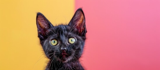 Poster - An image of a black domestic short hair kitten with yellow-green eyes against a pink and yellow backdrop, gazing ahead, with copy space.