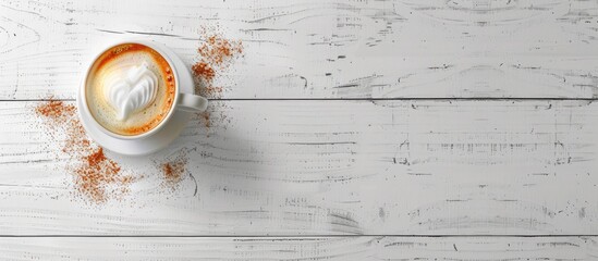 Poster - Cappuccino cup on a white wooden table with empty space for an image. image with copy space