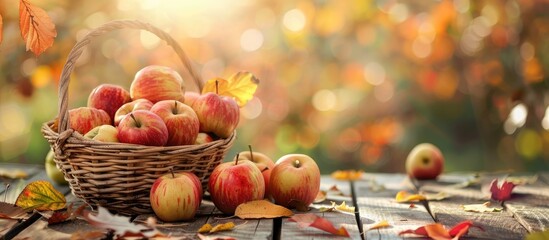 Poster - Autumn leaves embellish a wooden table with a basket of juicy apples, creating a charming setting with a picturesque copy space image.