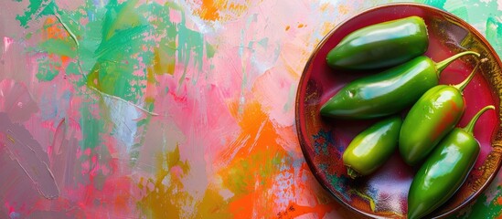 Poster - Close-up of a plate with vibrant green jalapeno peppers against a colorful backdrop with ample space for additional elements in the image.