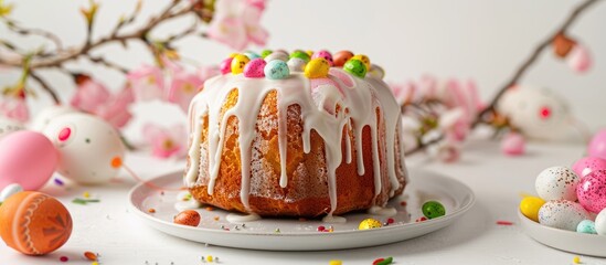 Poster - Easter cake adorned with glossy icing and decorative elements on a postcard featuring Easter bread, reflecting Christian customs, set against a white backdrop with room for more content