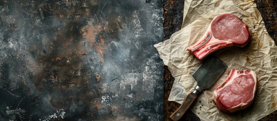 Poster - Close-up top view of a raw pork chop wrapped in paper on a rustic metal table with a butcher's cleaver, showcasing copy space image.
