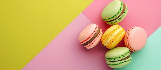 Aufkleber - Angle view of colourful macaroons on a green, yellow, and pink background with a blank space in the picture. image with copy space