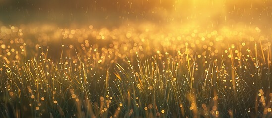 Aufkleber - Early morning sunlight illuminating a field of grass with dew droplets, excellent for copy space images.