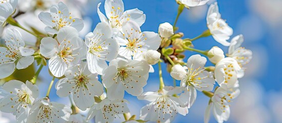 Wall Mural - Close-up of white cherry blossoms on a tree with a blue sky background, creating a picturesque floral scenery perfect for a nature-themed copy space image.