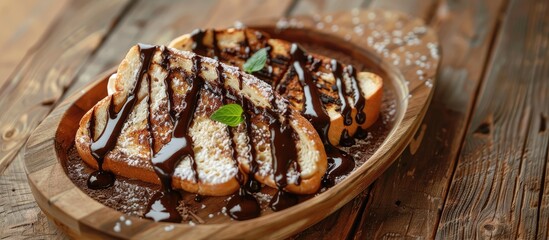 Poster - Delicious Nutella toast with chocolate sauce and cream in a wooden dish on table background with copy space image.