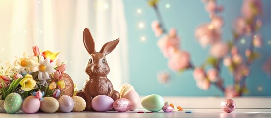 Aufkleber - Delectable Easter treats including a chocolate bunny and colorful eggs, all arranged with an appealing presentation for a festive ambiance in a copy space image.