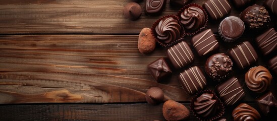 Poster - Chocolate candy displayed on a wooden backdrop with copy space image.