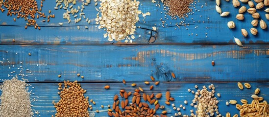 Poster - Assorted grains on blue wooden backdrop, top view with copy space image.