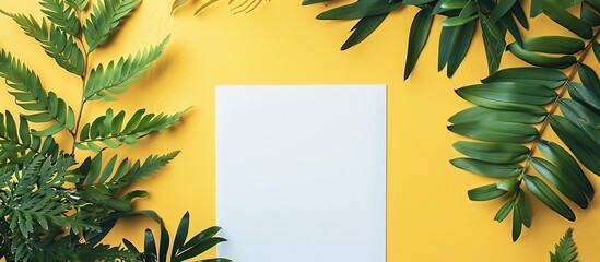 Poster - Flat lay mockup featuring a composition of green foliage, an acacia branch, and white paper on a yellow background, designed with a tabletop layout for copy space image.