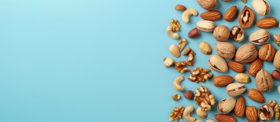 Poster - Arranged Brazilian nuts, walnuts, and almonds on a light blue background with a macro focus for a copy space image.