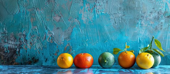 Poster - Design concept featuring vibrant fresh citrus fruits staged against a weathered blue backdrop with selective focus. Copy space image.