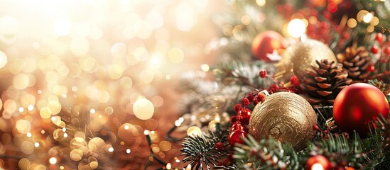 Poster - Festive Christmas decorations create a border on an abstract New Year's backdrop with a focused copy space image.