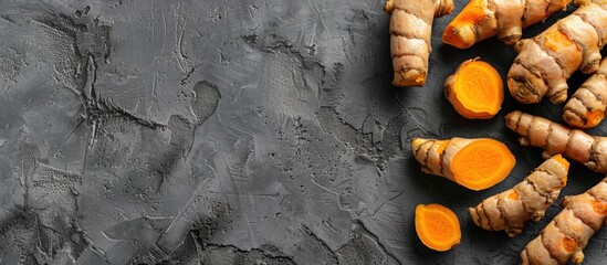 Aufkleber - Closeup of whole and sliced turmeric roots on a grey table with copy space image available.