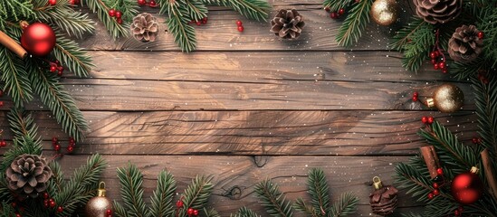 Poster - Christmas card featuring a vintage wooden backdrop decorated with fir branches, baubles, and cones, offering ample copy space image for text in a bird's eye view.