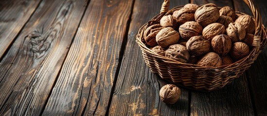 Poster - Dark wooden background with an oval wicker basket filled with walnuts. Copy space image included.