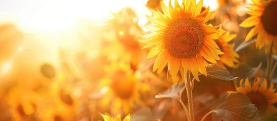 Poster - Blooming sunflowers in a field with copy space image.