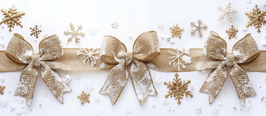 Poster - Festive burlap bows with gold glitter and snowflakes adorn a white backdrop in this Christmas-themed decor, ideal for a copy space image.