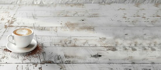 Poster - Cappuccino cup on a white wooden table with empty space for an image. image with copy space