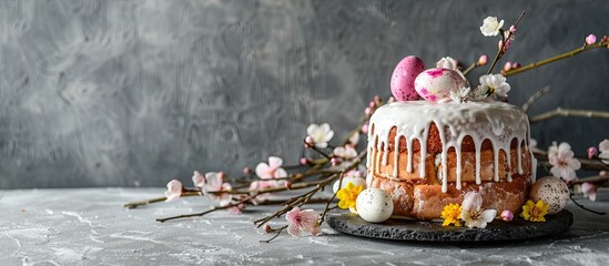 Poster - Easter cake with icing, spring flowers, eggs, and willow twigs on a gray backdrop, creating a festive Easter holiday-themed copy space image.