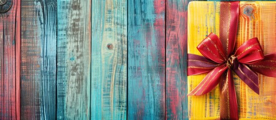 Poster - Colorful wooden background enhances the beauty of the wrapped gift with a bow, creating an eye-catching copy space image.