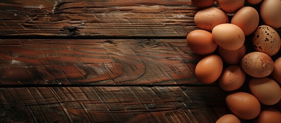 Poster - Close-up shot of some fresh eggs on a dark wooden background with copy space image.